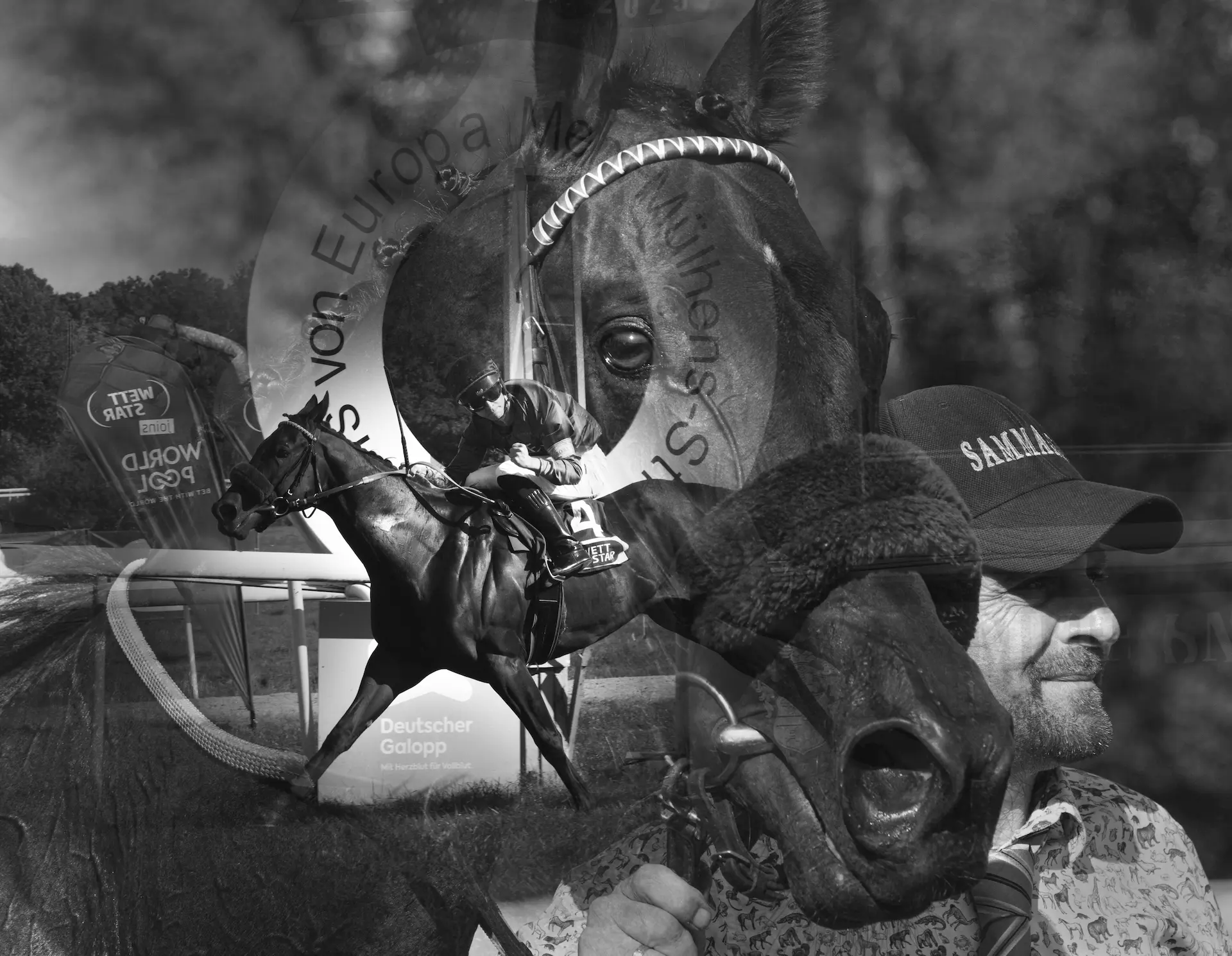 Dramatische Double Exposure – Die Intensität und Dynamik des Pferderennsports in einer vielschichtigen Komposition